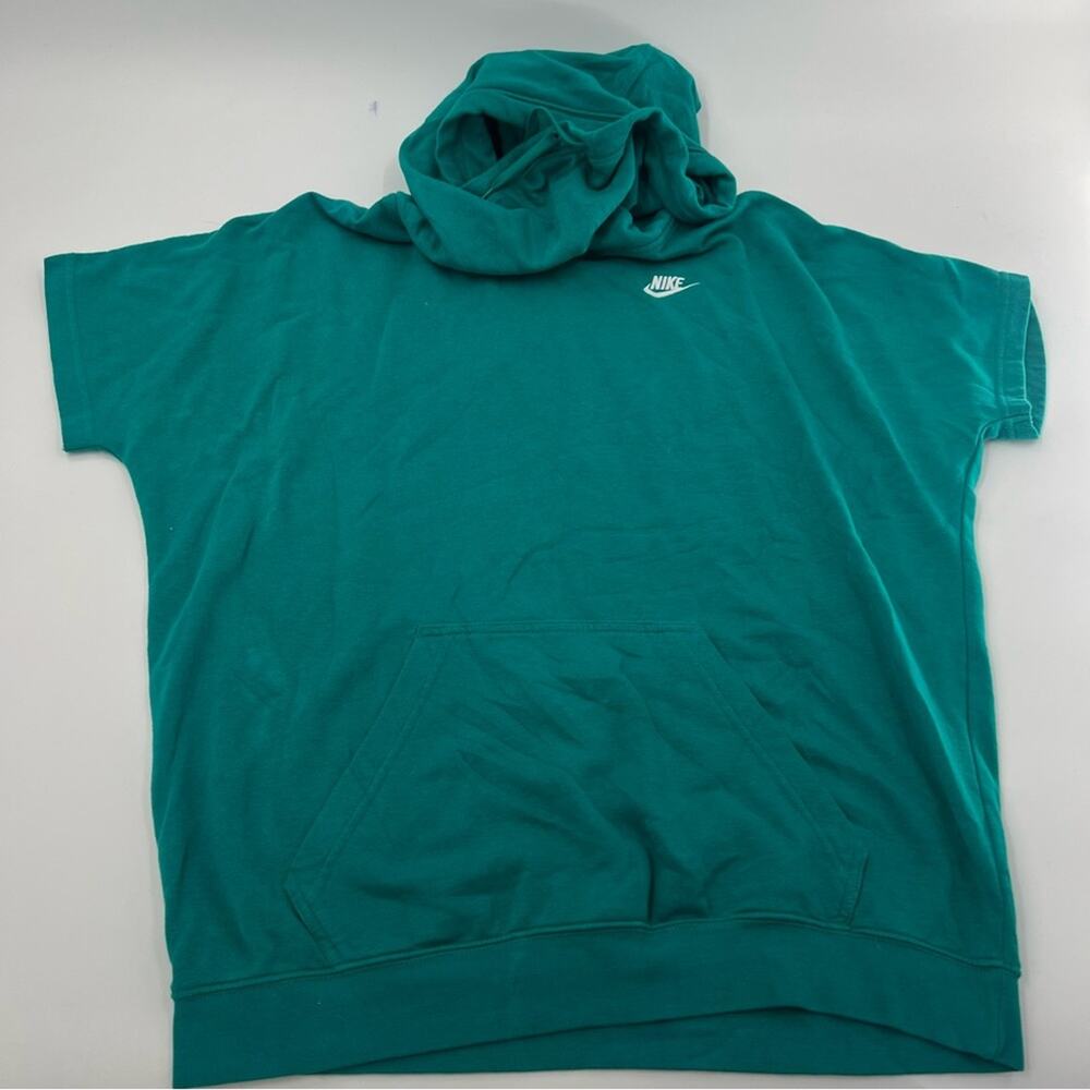 Nike Women’s Teal Short Sleeve Hooded Mock Neck Shirt Long Length Hoodie